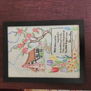 Vintage Hand Embroidered English Cottage and Poem